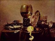 unknow artist Still life with oysters, a rummer, a lemon and a silver bowl oil painting on canvas